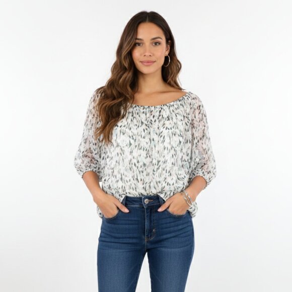 *RW&CO Sheer Chiffon Floral Print Gathered Blouse - Picture 1 of 9